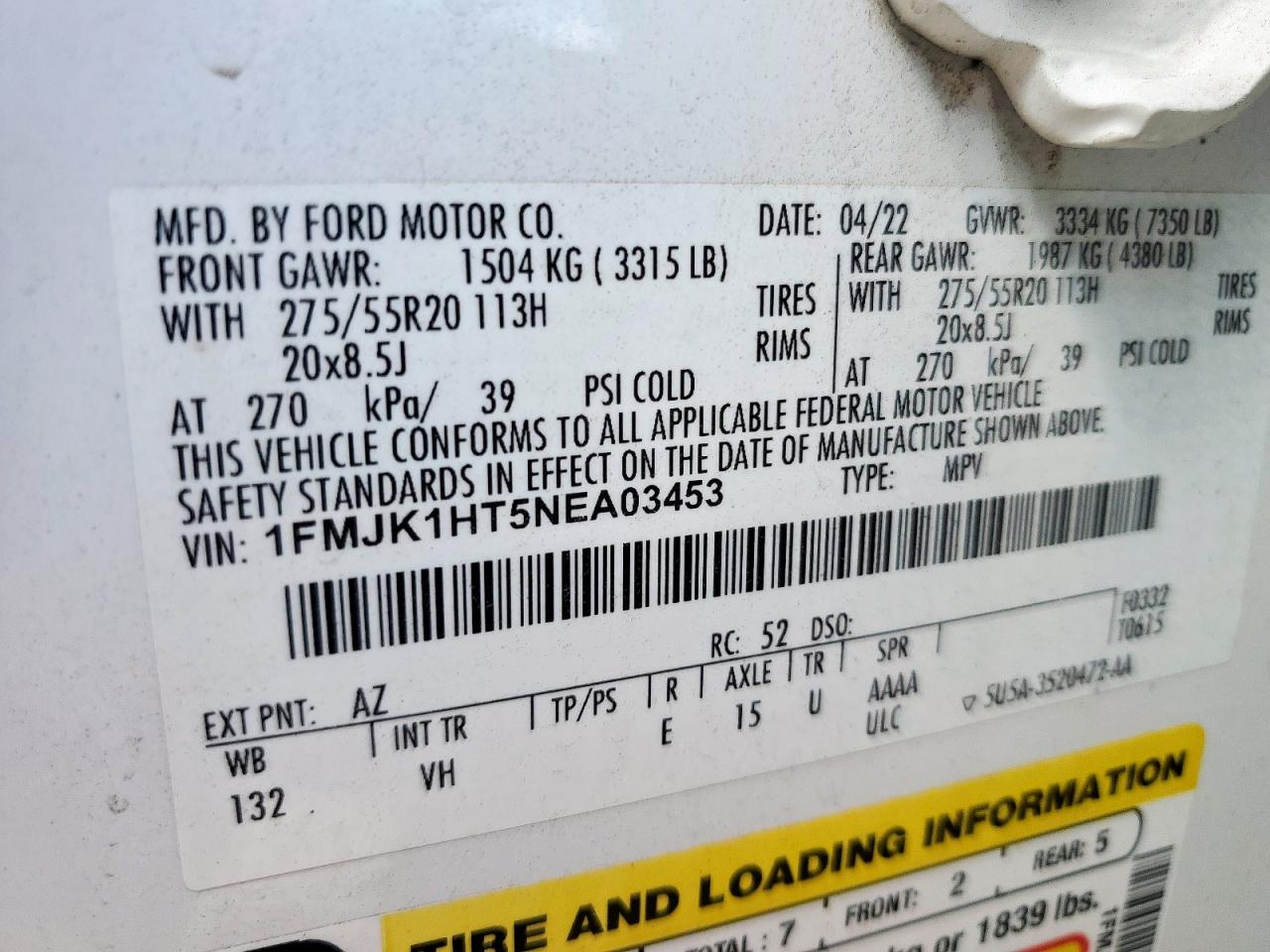 2022 Ford Expedition Max Xlt VIN: 1FMJK1HT5NEA03453 Lot: 71849265