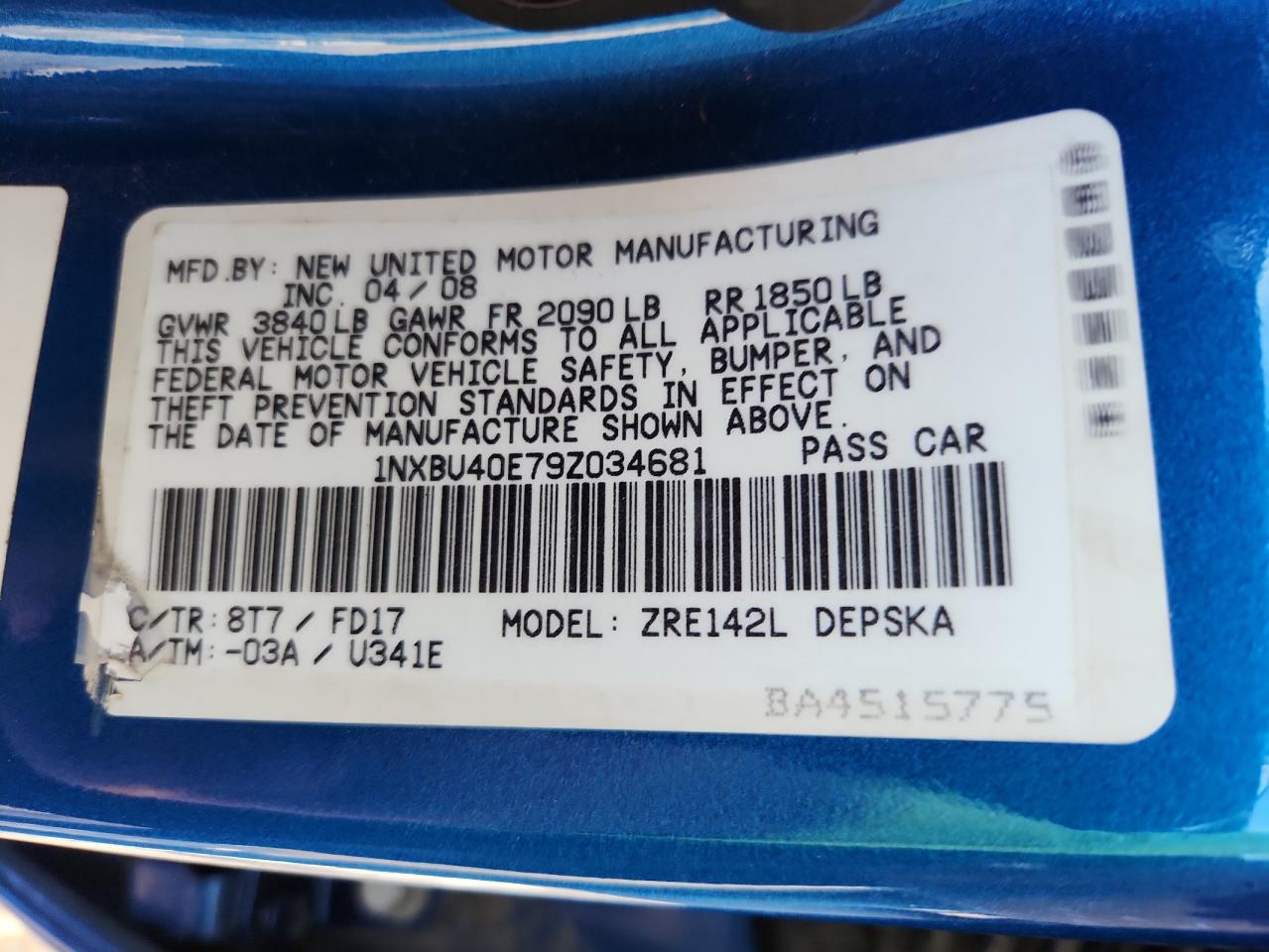 2009 Toyota Corolla Base VIN: 1NXBU40E79Z034681 Lot: 84269275