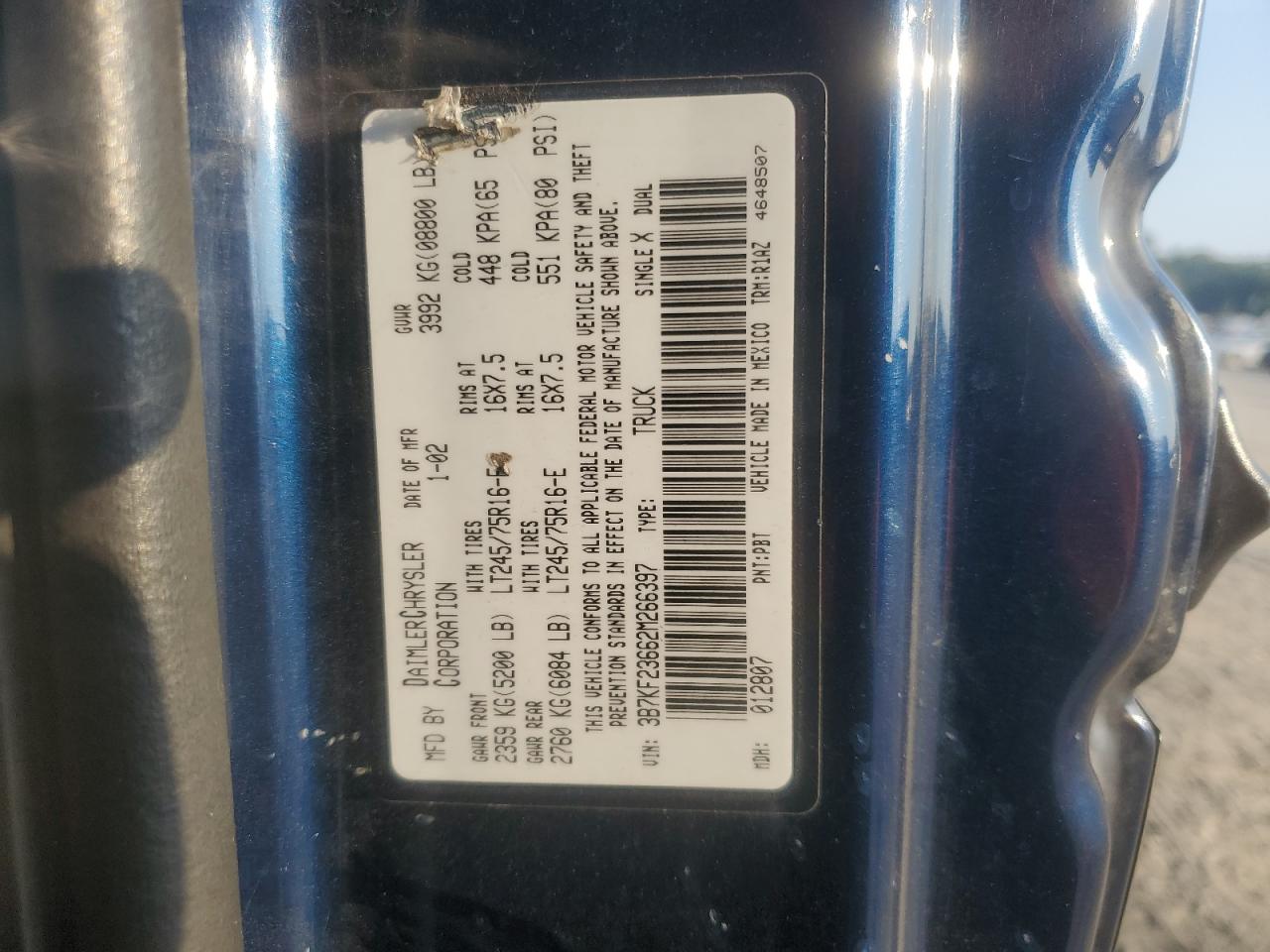 2002 Dodge Ram 2500 VIN: 3B7KF23662M266397 Lot: 81113485