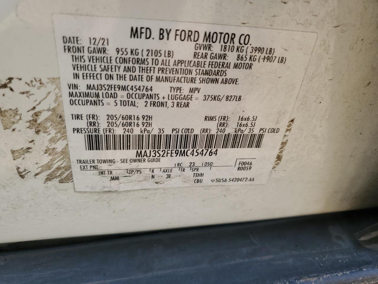 2021 Ford Ecosport S VIN: MAJ3S2FE9MC454764 Lot: 80807435