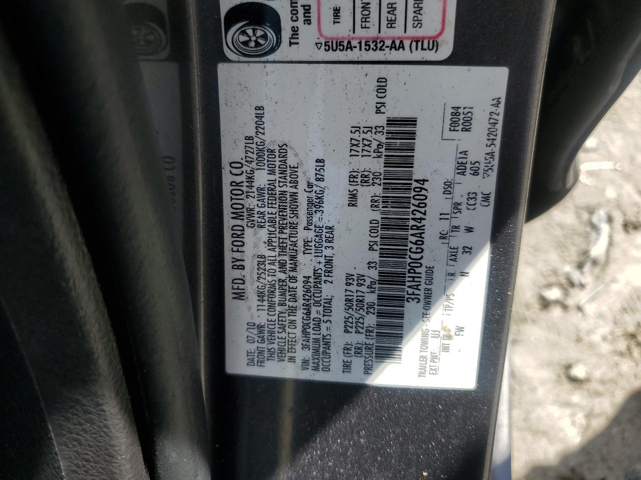 2010 Ford Fusion Sel VIN: 3FAHP0CG6AR426094 Lot: 72086785