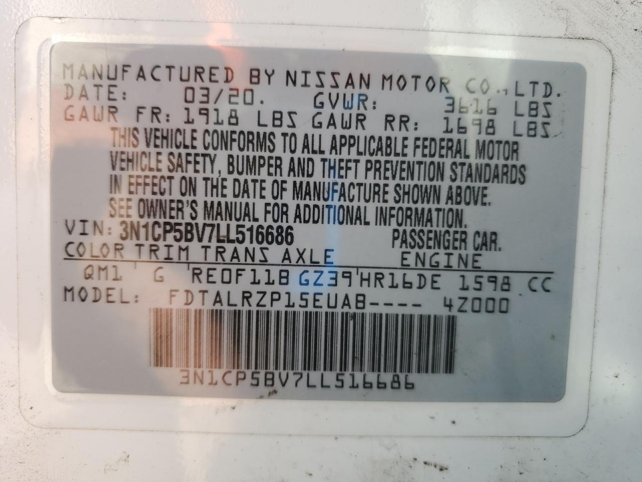 2020 Nissan Kicks S VIN: 3N1CP5BV7LL516686 Lot: 80024945