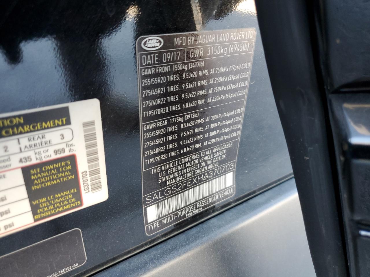 2017 Land Rover Range Rover Supercharged VIN: SALGS2FEXHA370703 Lot: 80763185