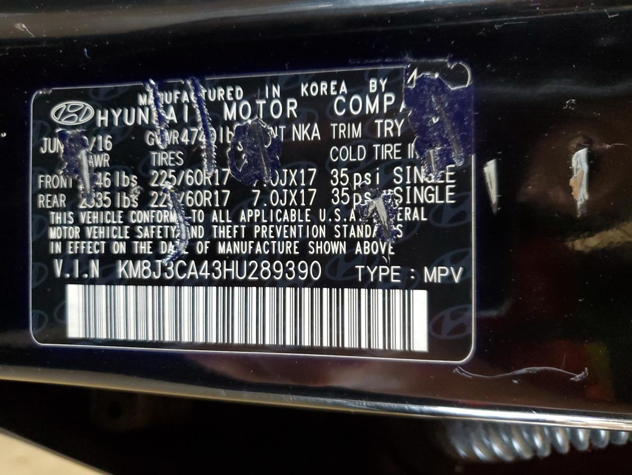 2017 Hyundai Tucson Limited VIN: KM8J3CA43HU289390 Lot: 81032395