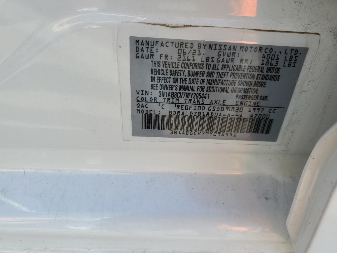 2021 Nissan Sentra Sv VIN: 3N1AB8CV7MY295441 Lot: 81181455