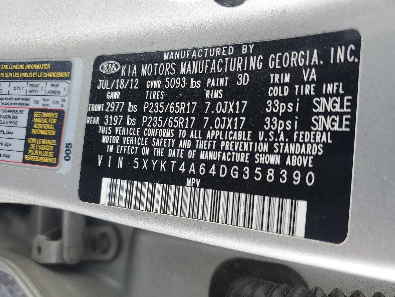 2013 Kia Sorento Lx VIN: 5XYKT4A64DG358390 Lot: 84365345