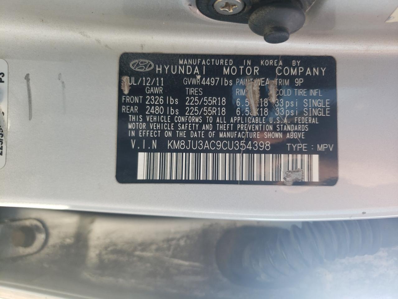 2012 Hyundai Tucson Gls VIN: KM8JU3AC9CU354398 Lot: 84408225