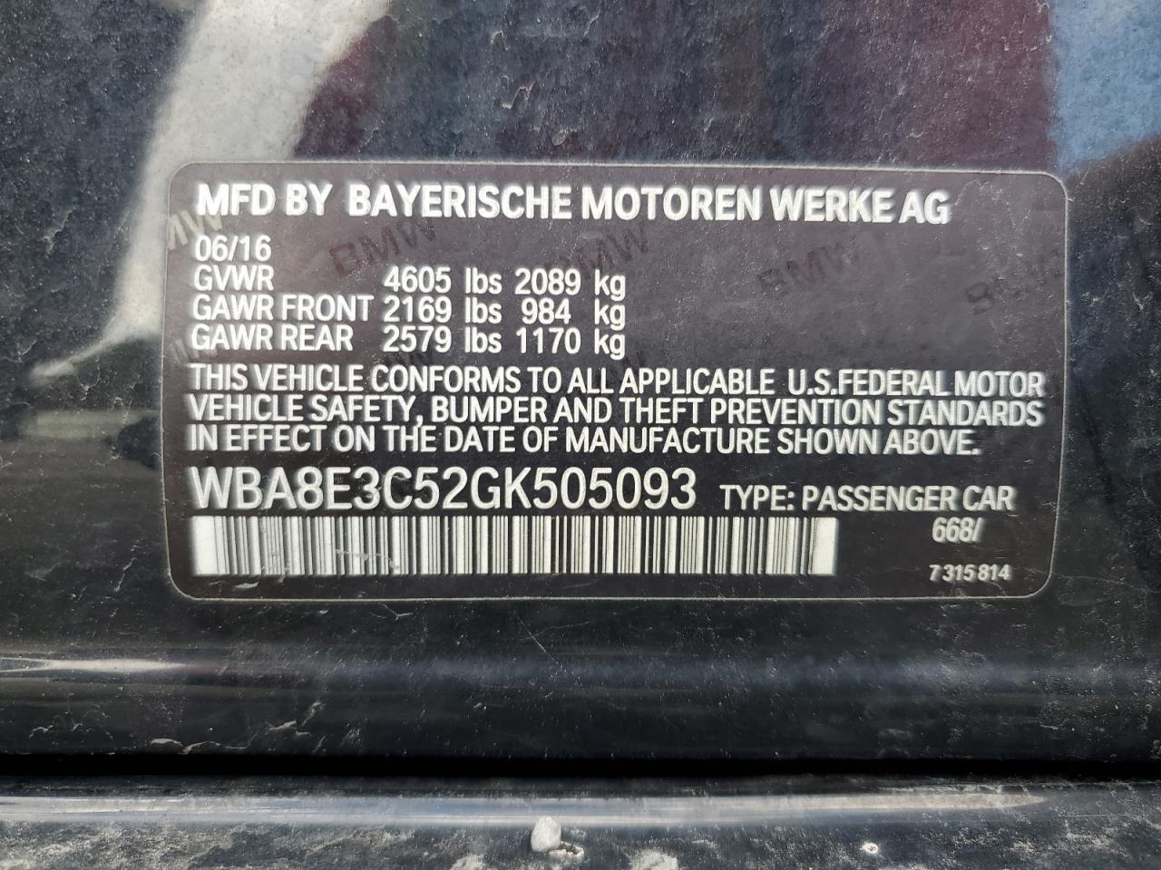 2016 BMW 328 Xi Sulev VIN: WBA8E3C52GK505093 Lot: 81284195