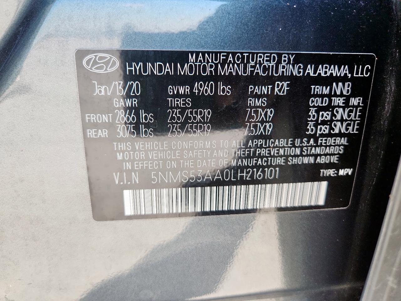 2020 Hyundai Santa Fe Limited VIN: 5NMS53AA0LH216101 Lot: 84193765