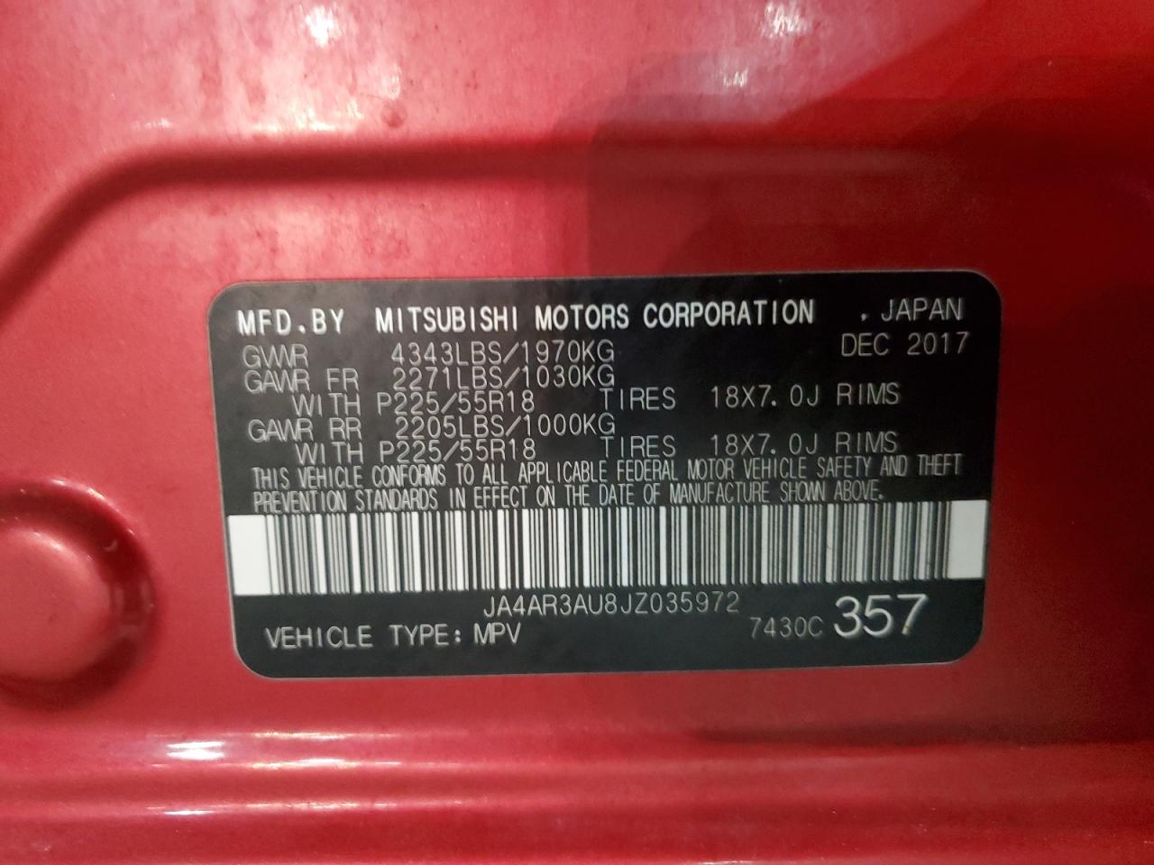 2018 Mitsubishi Outlander Sport Es VIN: JA4AR3AU8JZ035972 Lot: 81287385