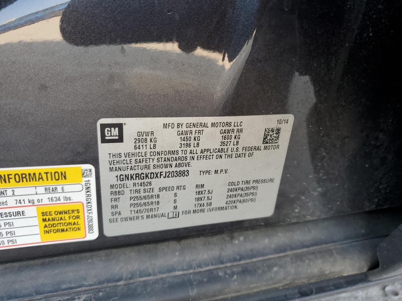 2015 Chevrolet Traverse Lt VIN: 1GNKRGKDXFJ203883 Lot: 80402065