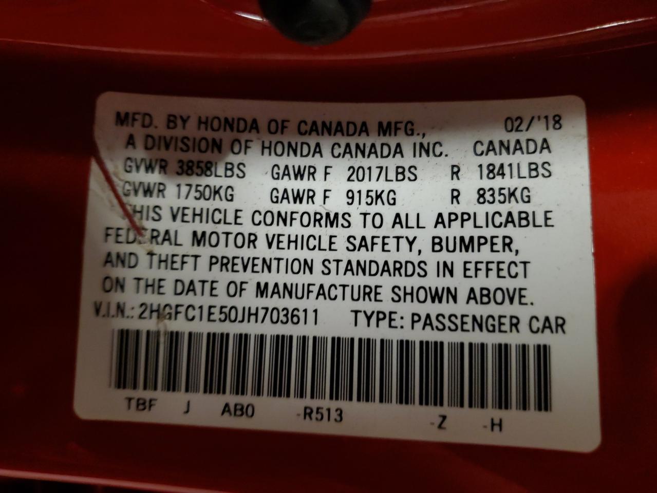 2018 Honda Civic Si VIN: 2HGFC1E50JH703611 Lot: 80257755