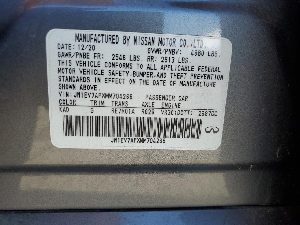 2021 Infiniti Q50 Pure VIN: JN1EV7APXMM704266 Lot: 71684735