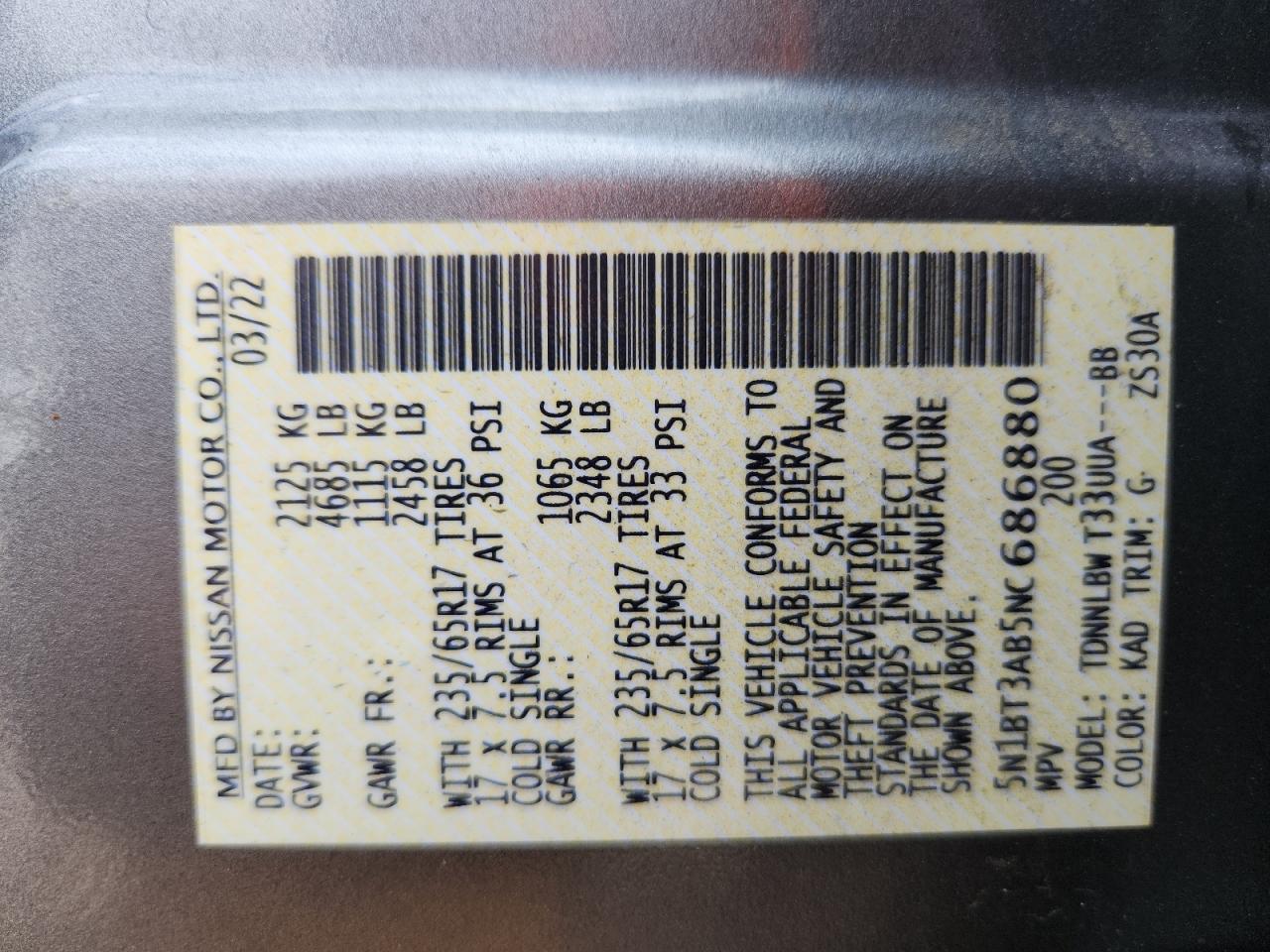 2022 Nissan Rogue S VIN: 5N1BT3AB5NC686880 Lot: 71914465