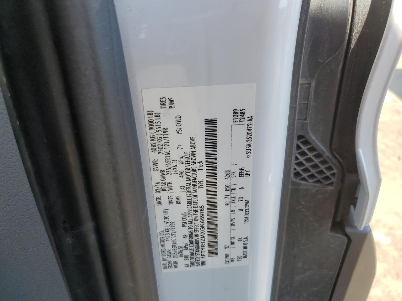 2016 Ford Transit T-250 VIN: 1FTYR1ZMXGKA69765 Lot: 80154835