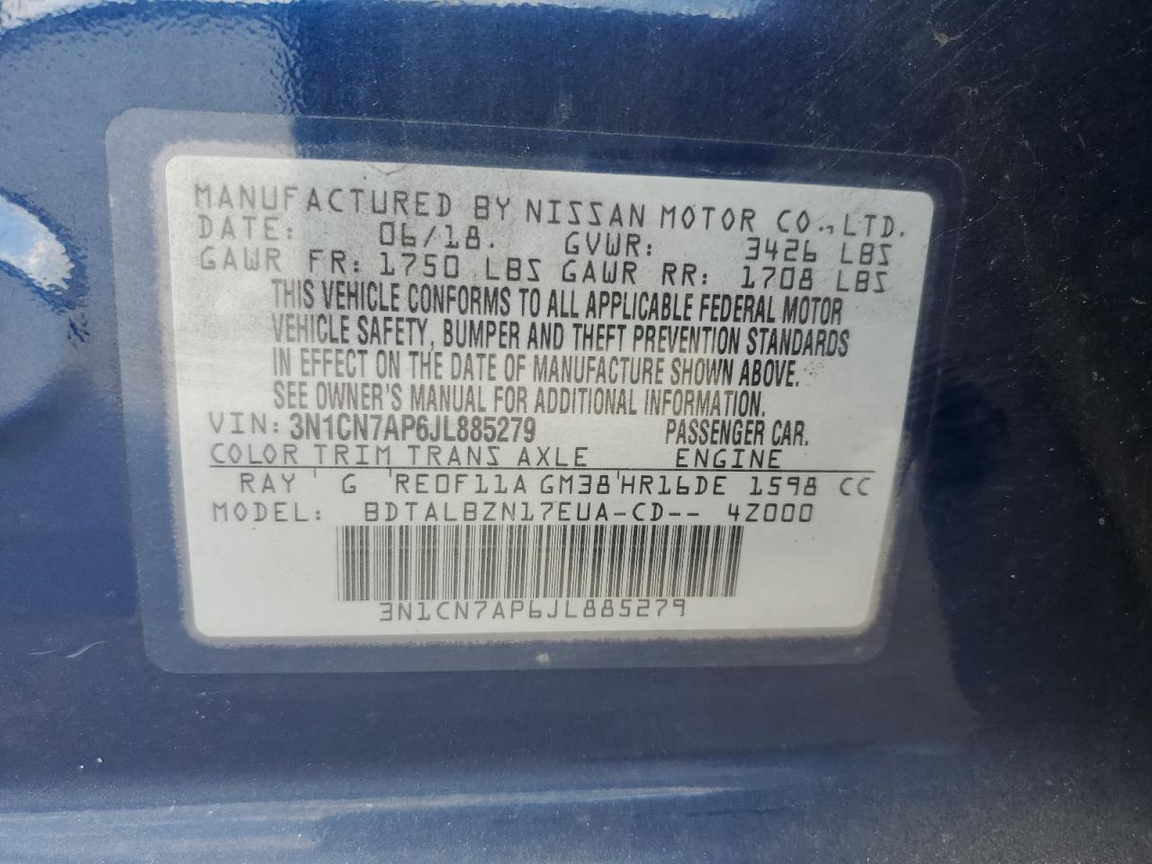 2018 Nissan Versa S VIN: 3N1CN7AP6JL885279 Lot: 81747865