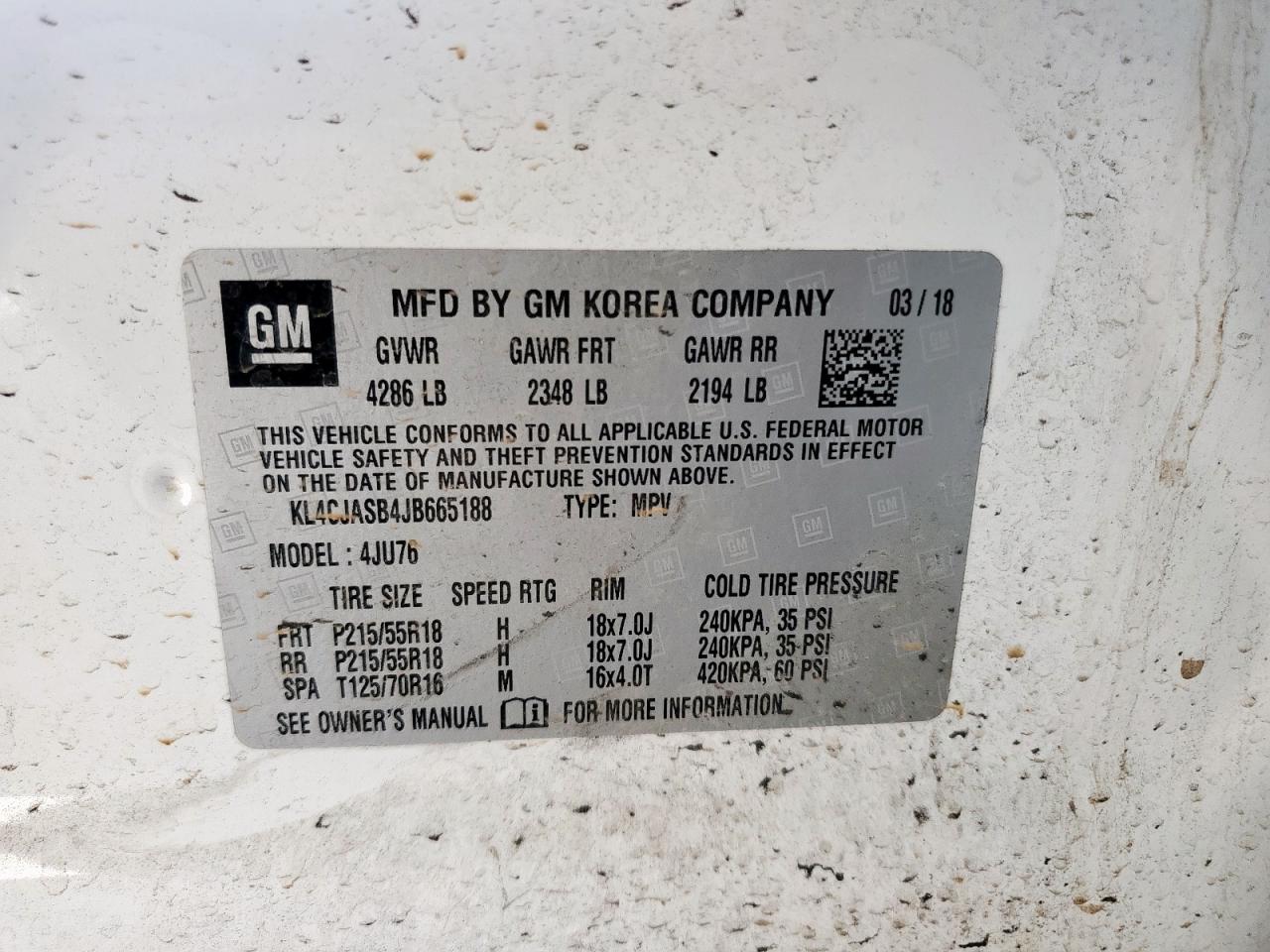 2018 Buick Encore Preferred VIN: KL4CJASB4JB665188 Lot: 80326265