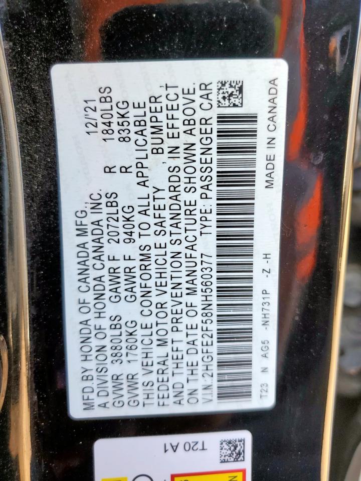 2022 Honda Civic Sport VIN: 2HGFE2F58NH560377 Lot: 81210985