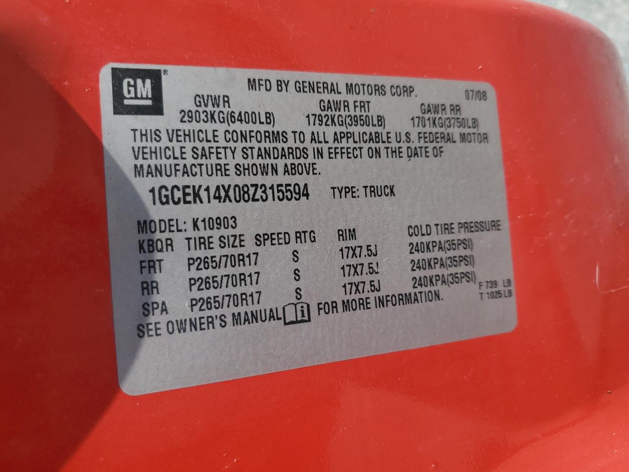 2008 Chevrolet Silverado K1500 VIN: 1GCEK14X08Z315594 Lot: 71042775