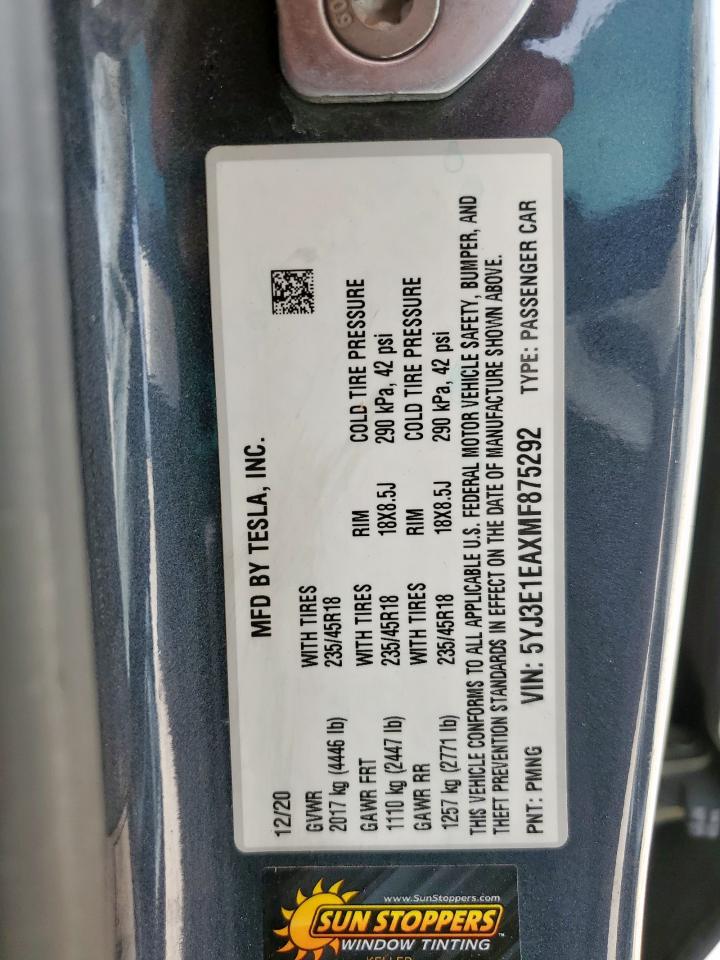 2021 Tesla Model 3 VIN: 5YJ3E1EAXMF875292 Lot: 84763685