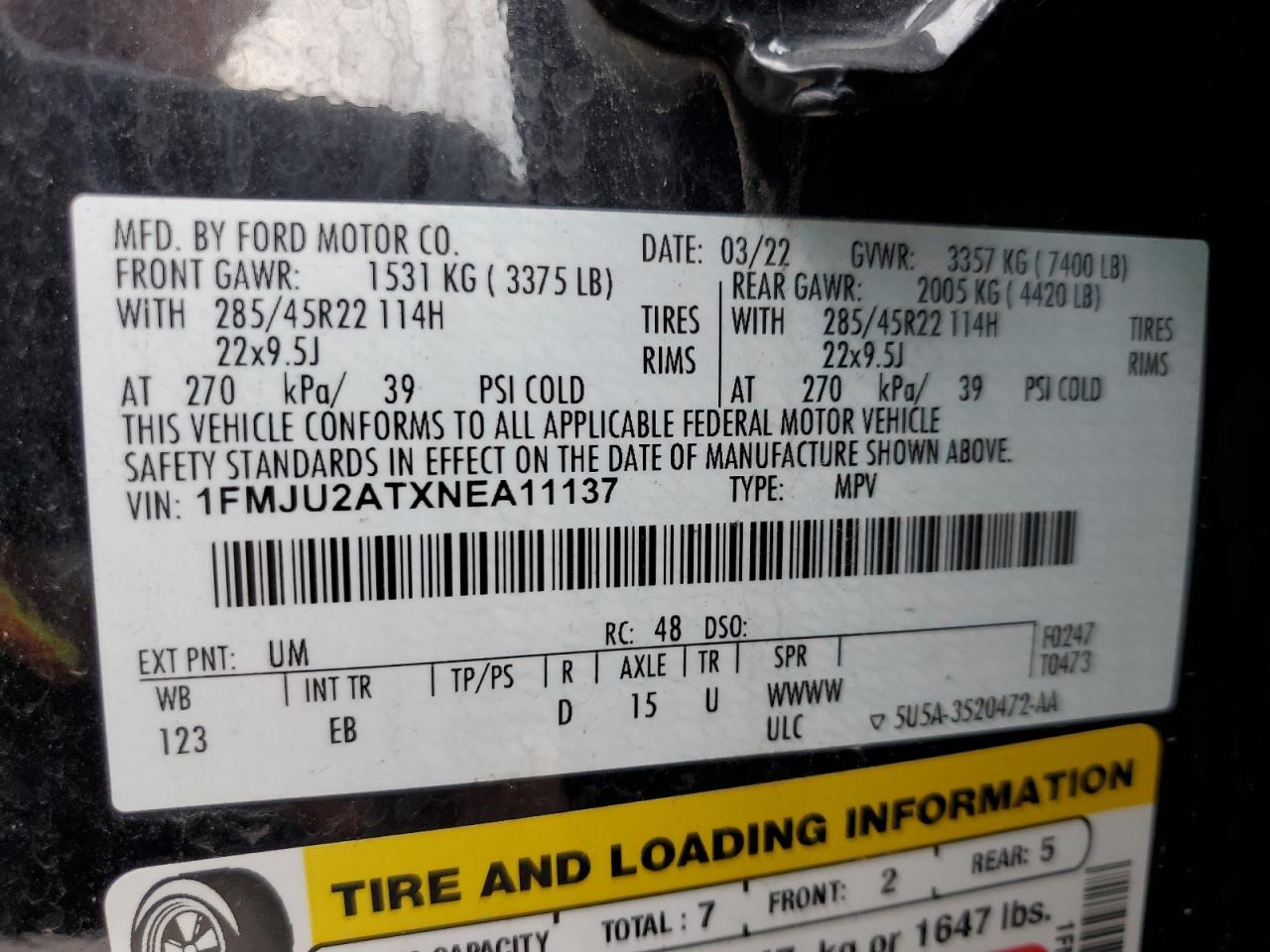 2022 Ford Expedition Limited VIN: 1FMJU2ATXNEA11137 Lot: 81201375