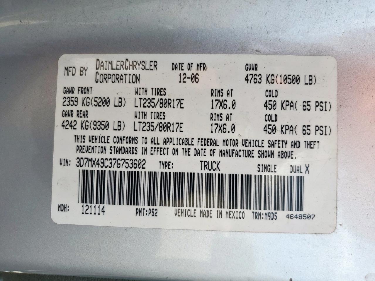 2007 Dodge Ram 3500 VIN: 3D7MX49C37G753602 Lot: 84067055