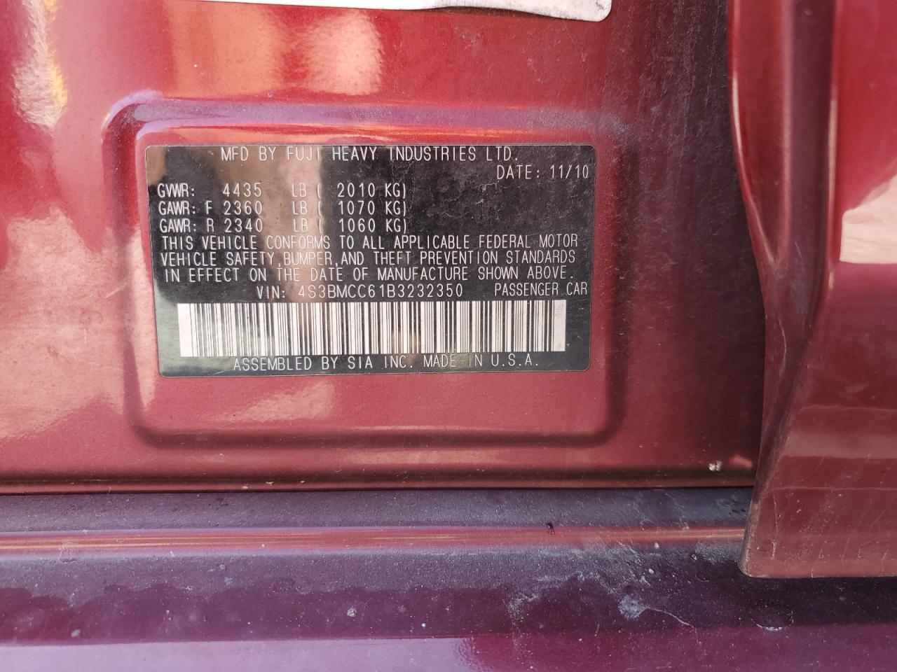 2011 Subaru Legacy 2.5I Premium VIN: 4S3BMCC61B3232350 Lot: 71846865