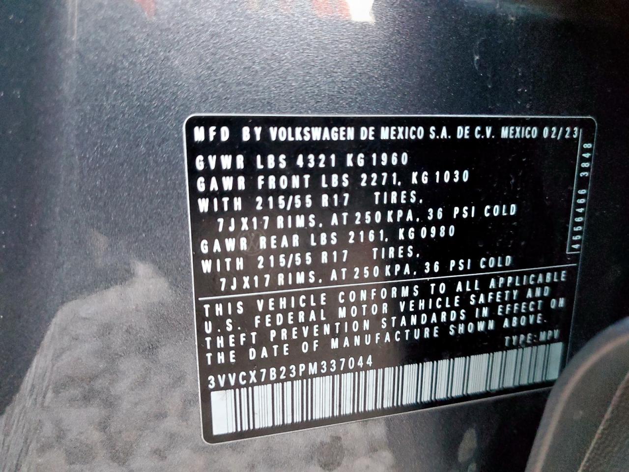 2023 Volkswagen Taos S VIN: 3VVCX7B23PM337044 Lot: 84731285