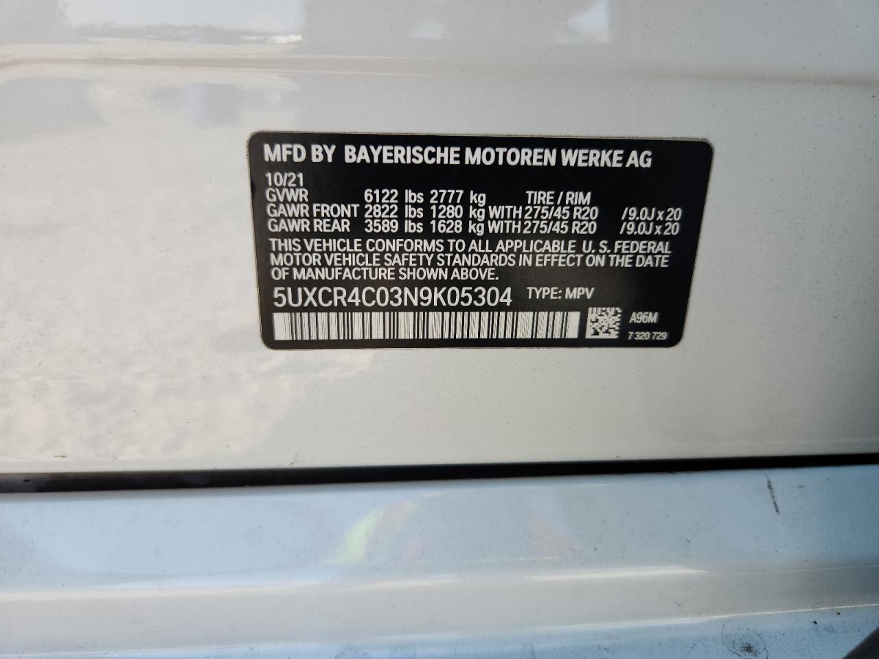 2022 BMW X5 Sdrive 40I VIN: 5UXCR4C03N9K05304 Lot: 71310495