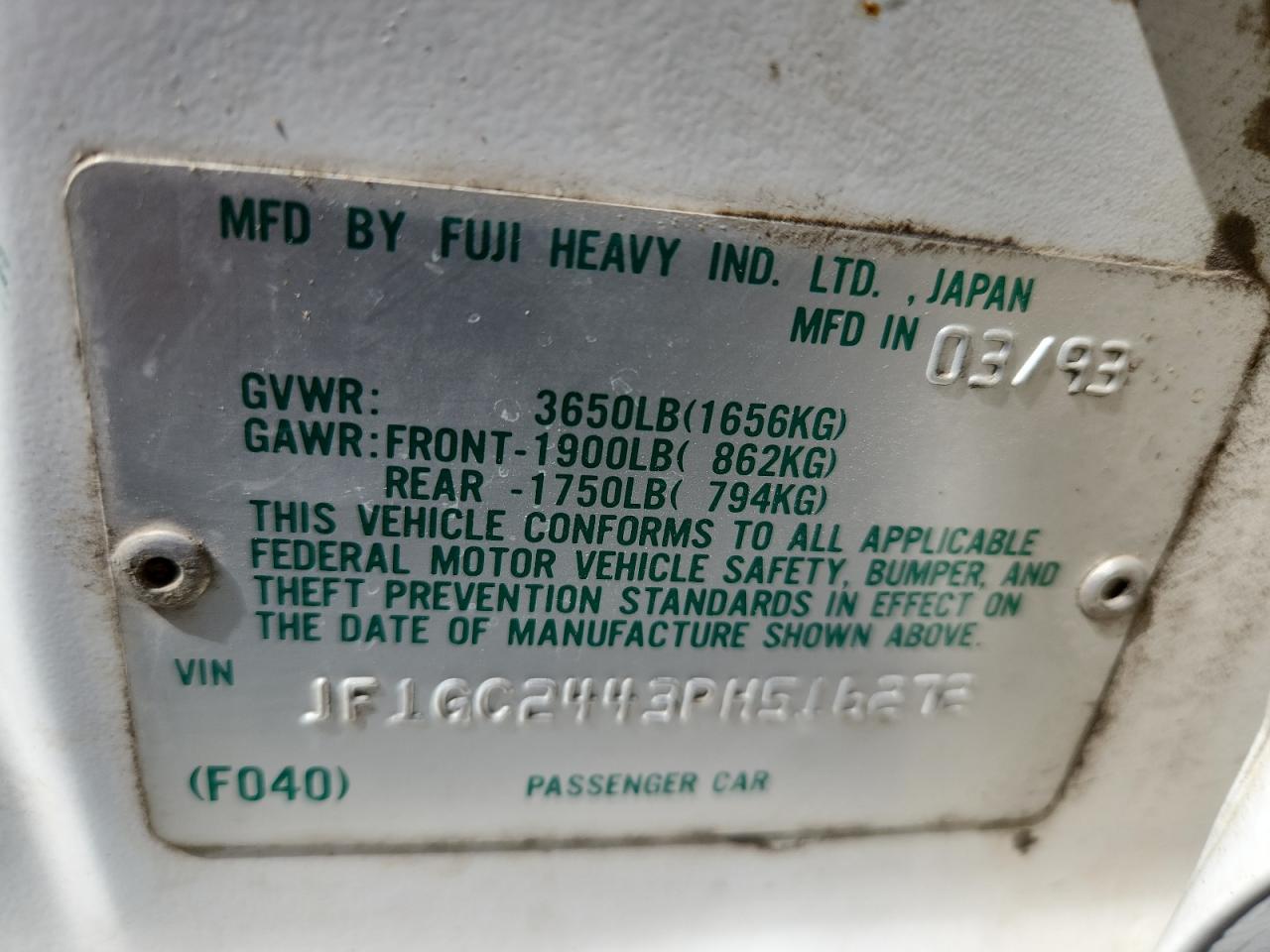 1993 Subaru Impreza L Plus VIN: JF1GC2443PH516272 Lot: 84417535