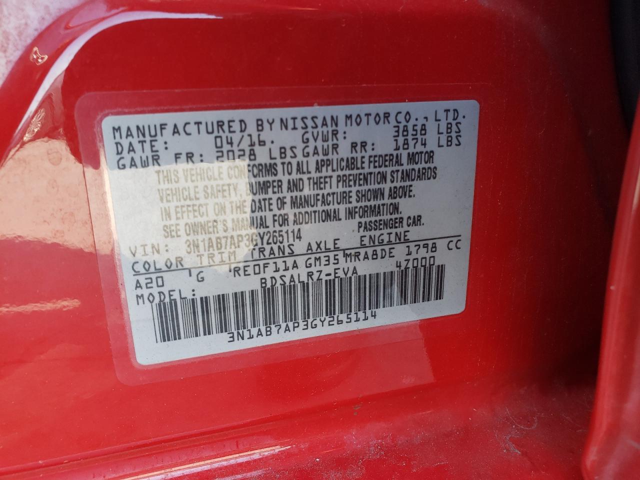 2016 Nissan Sentra S VIN: 3N1AB7AP3GY265114 Lot: 81899455