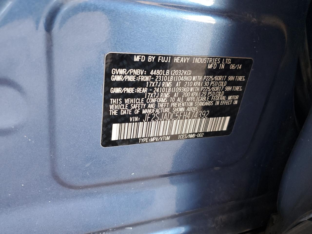 2015 Subaru Forester 2.5I Premium VIN: JF2SJADC5FH474392 Lot: 80401565