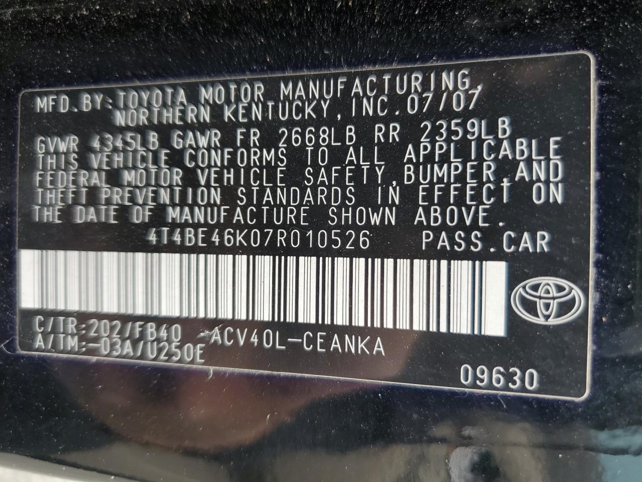 2007 Toyota Camry Ce VIN: 4T4BE46K07R010526 Lot: 71702975