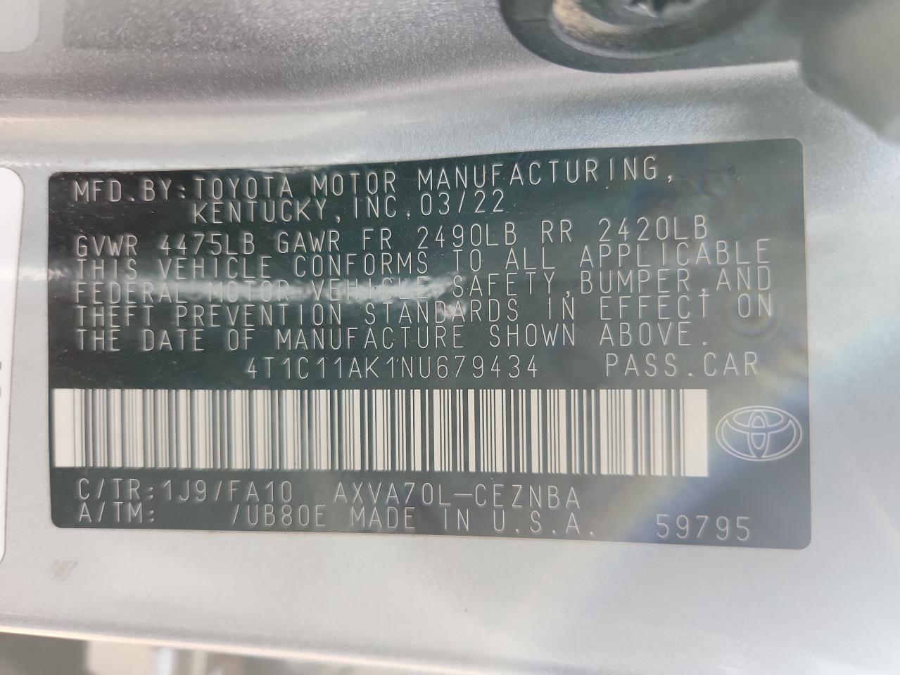 2022 Toyota Camry Le VIN: 4T1C11AK1NU679434 Lot: 80948145