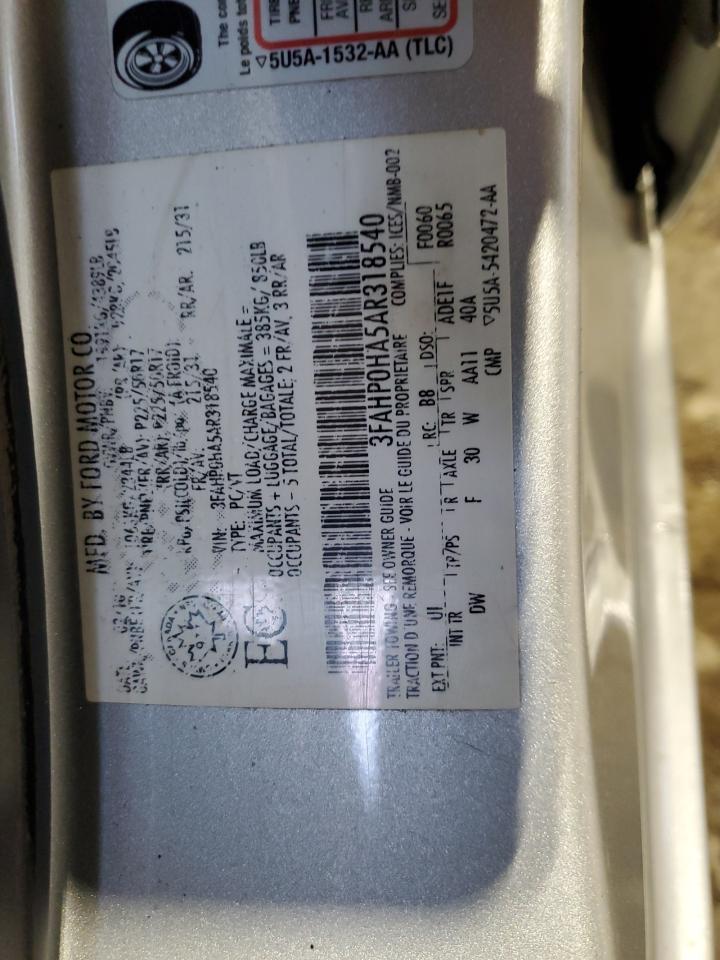 2010 Ford Fusion Se VIN: 3FAHP0HA5AR318540 Lot: 82048185