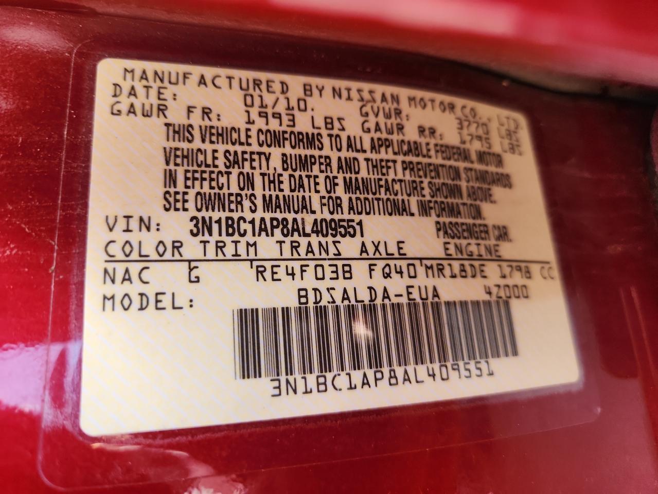 2010 Nissan Versa S VIN: 3N1BC1AP8AL409551 Lot: 81069545