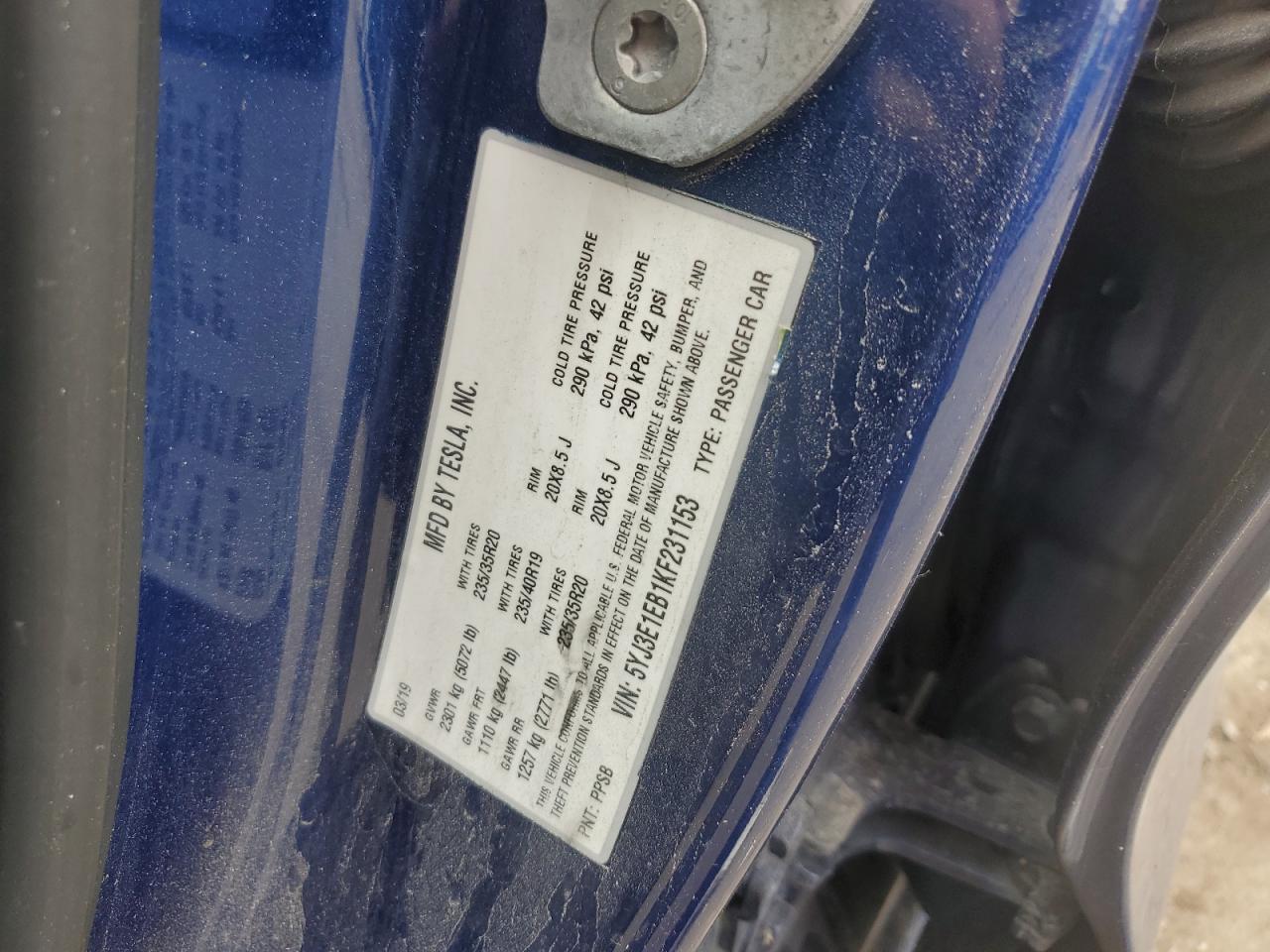 2019 Tesla Model 3 VIN: 5YJ3E1EB1KF231153 Lot: 81507515