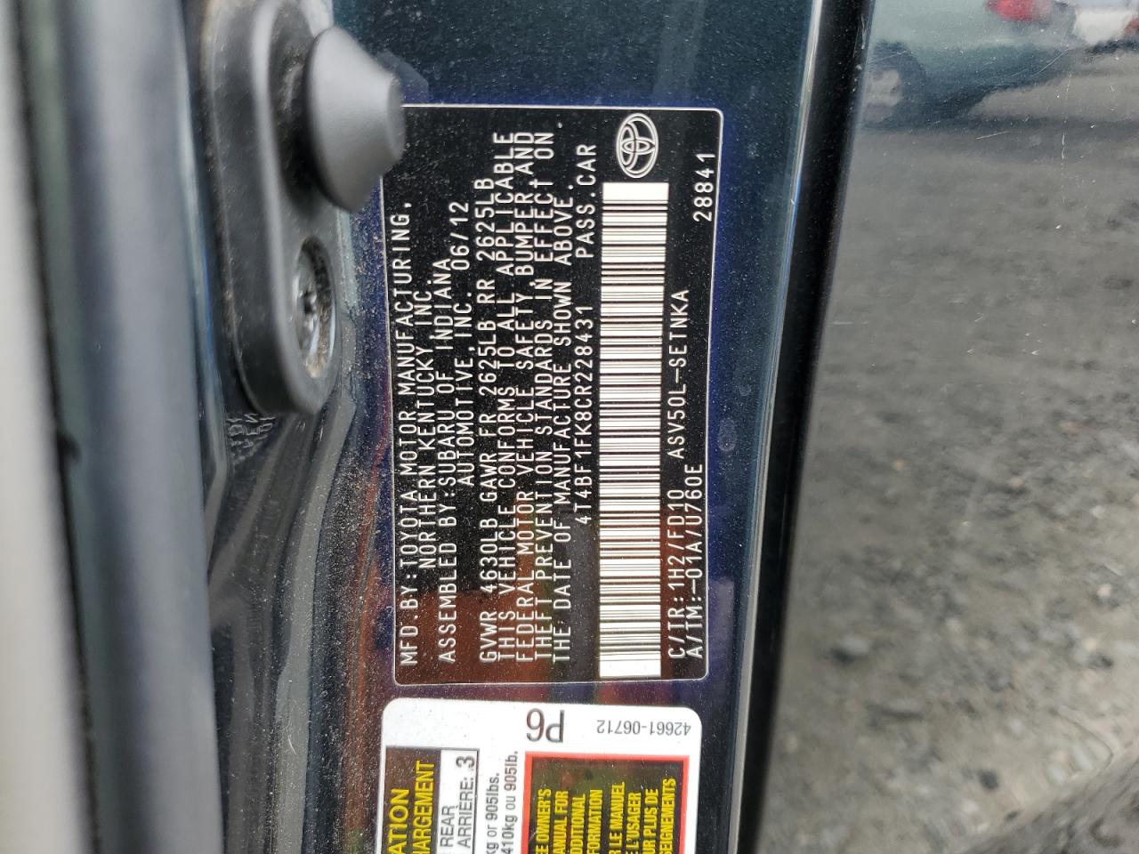 2012 Toyota Camry Base VIN: 4T4BF1FK8CR228431 Lot: 81891865