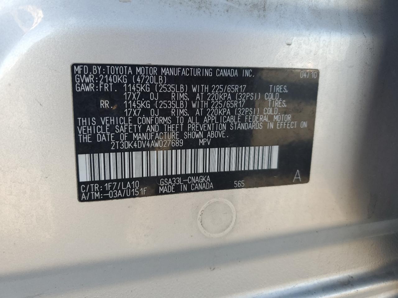 2010 Toyota Rav4 Limited VIN: 2T3DK4DV4AW027689 Lot: 83855825