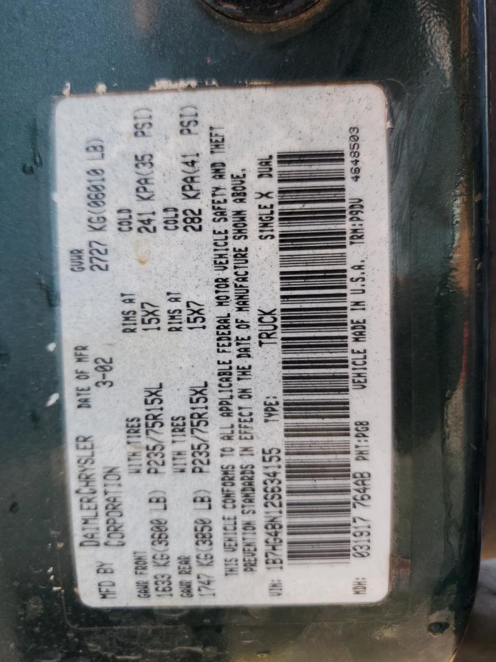 2002 Dodge Dakota Quad Slt VIN: 1B7HG48N12S634155 Lot: 71431625