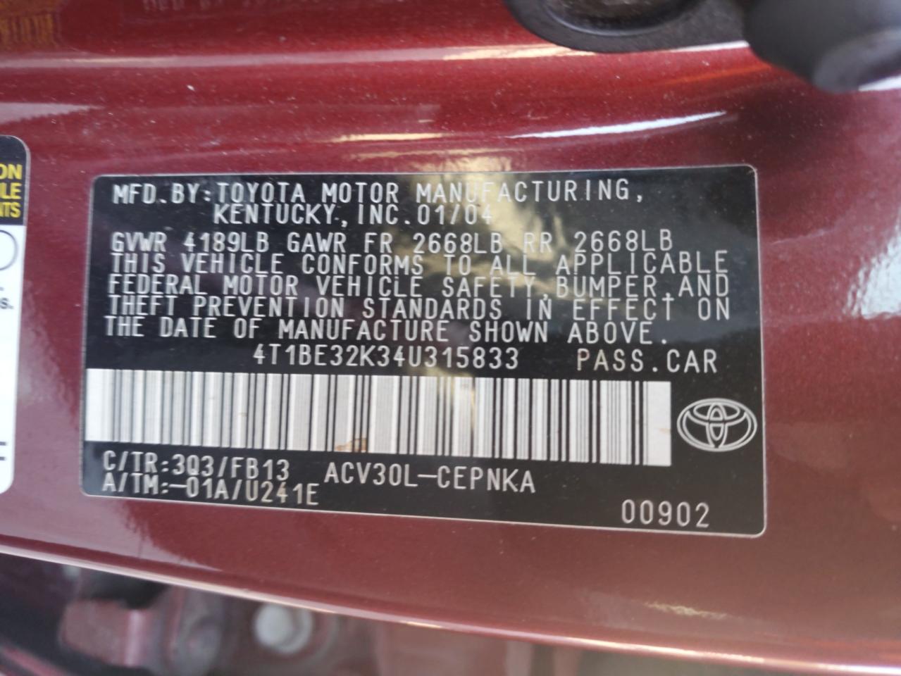 2004 Toyota Camry Le VIN: 4T1BE32K34U315833 Lot: 71597355