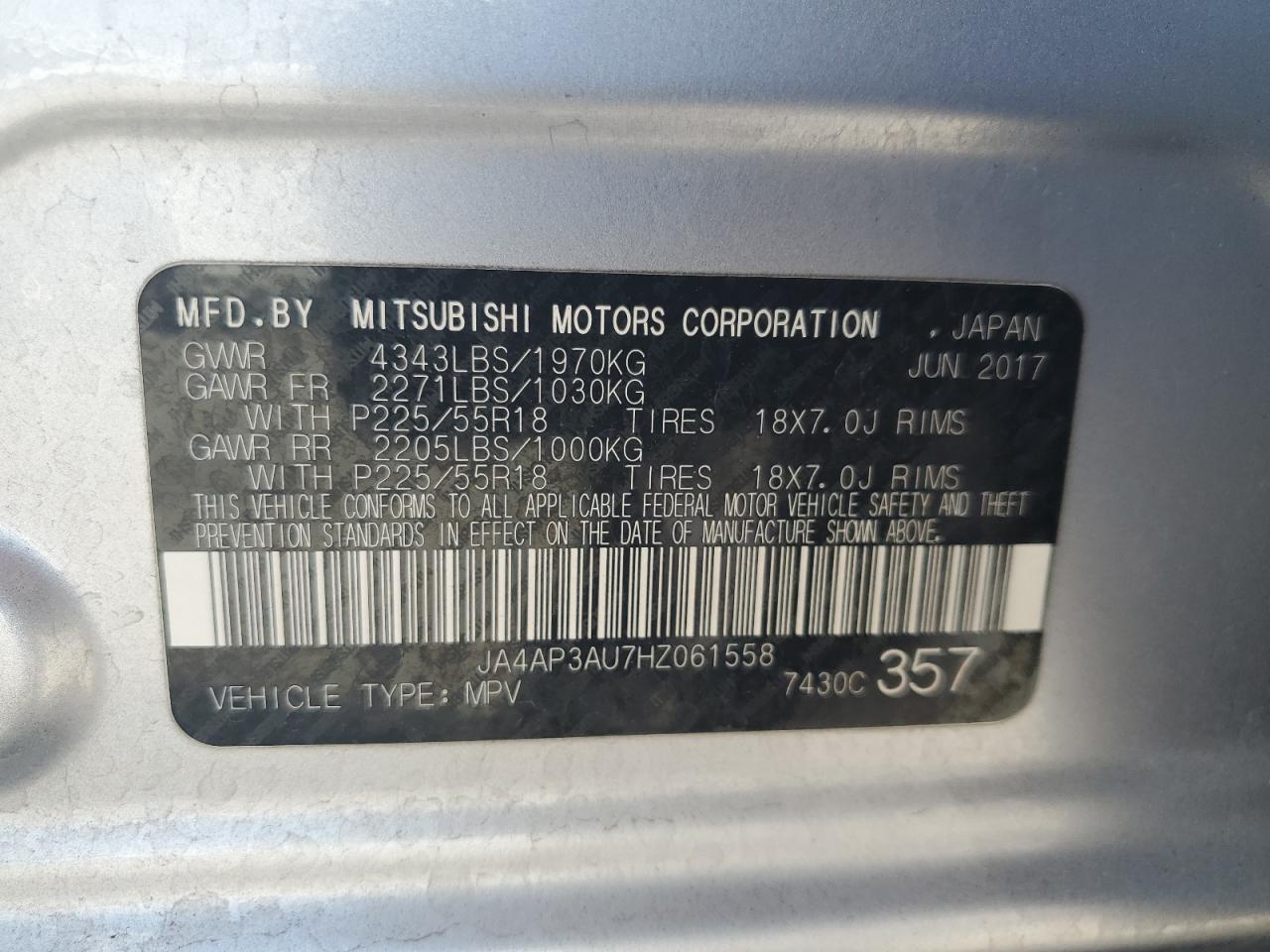 2017 Mitsubishi Outlander Sport Es VIN: JA4AP3AU7HZ061558 Lot: 80083875