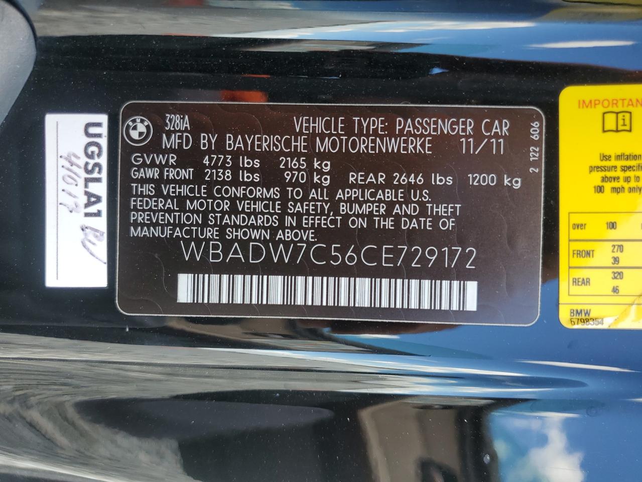 2012 BMW 328 I Sulev VIN: WBADW7C56CE729172 Lot: 81847795