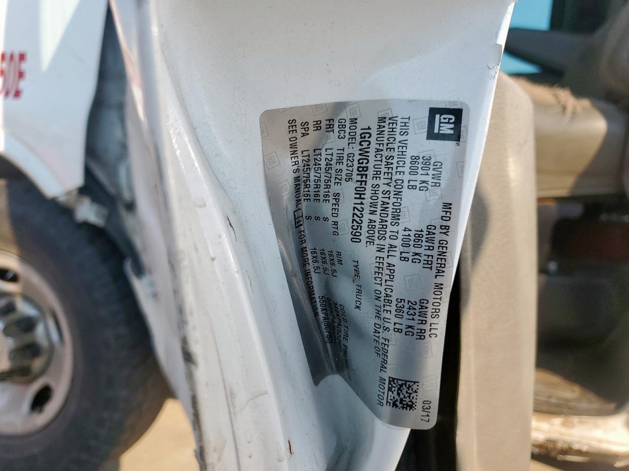 2017 Chevrolet Express G2500 VIN: 1GCWGBFF0H1222590 Lot: 81093575