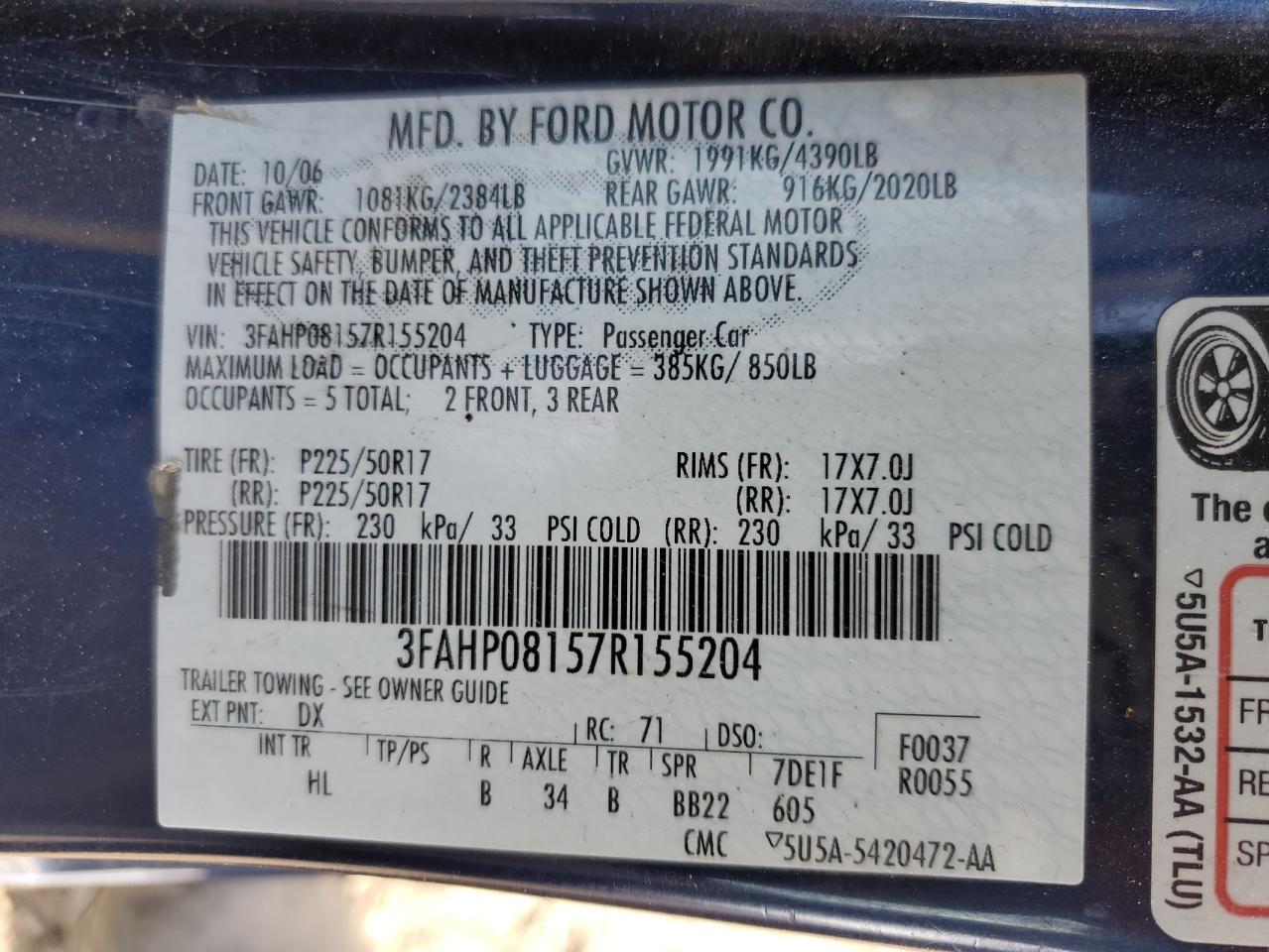 2007 Ford Fusion Sel VIN: 3FAHP08157R155204 Lot: 71912045