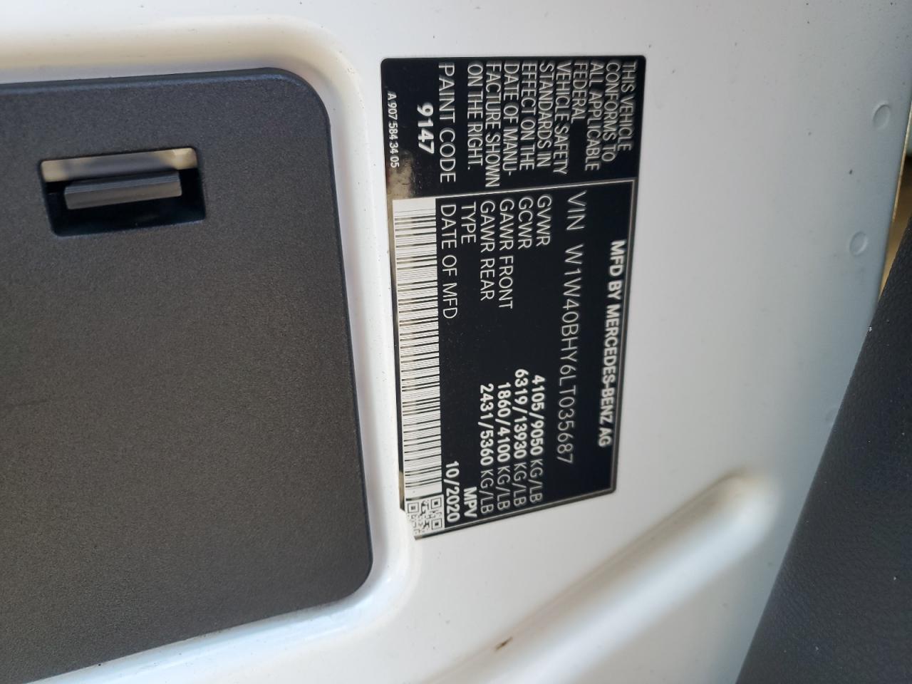 2020 Mercedes-Benz Sprinter 2500 VIN: W1W40BHY6LT035687 Lot: 81502785