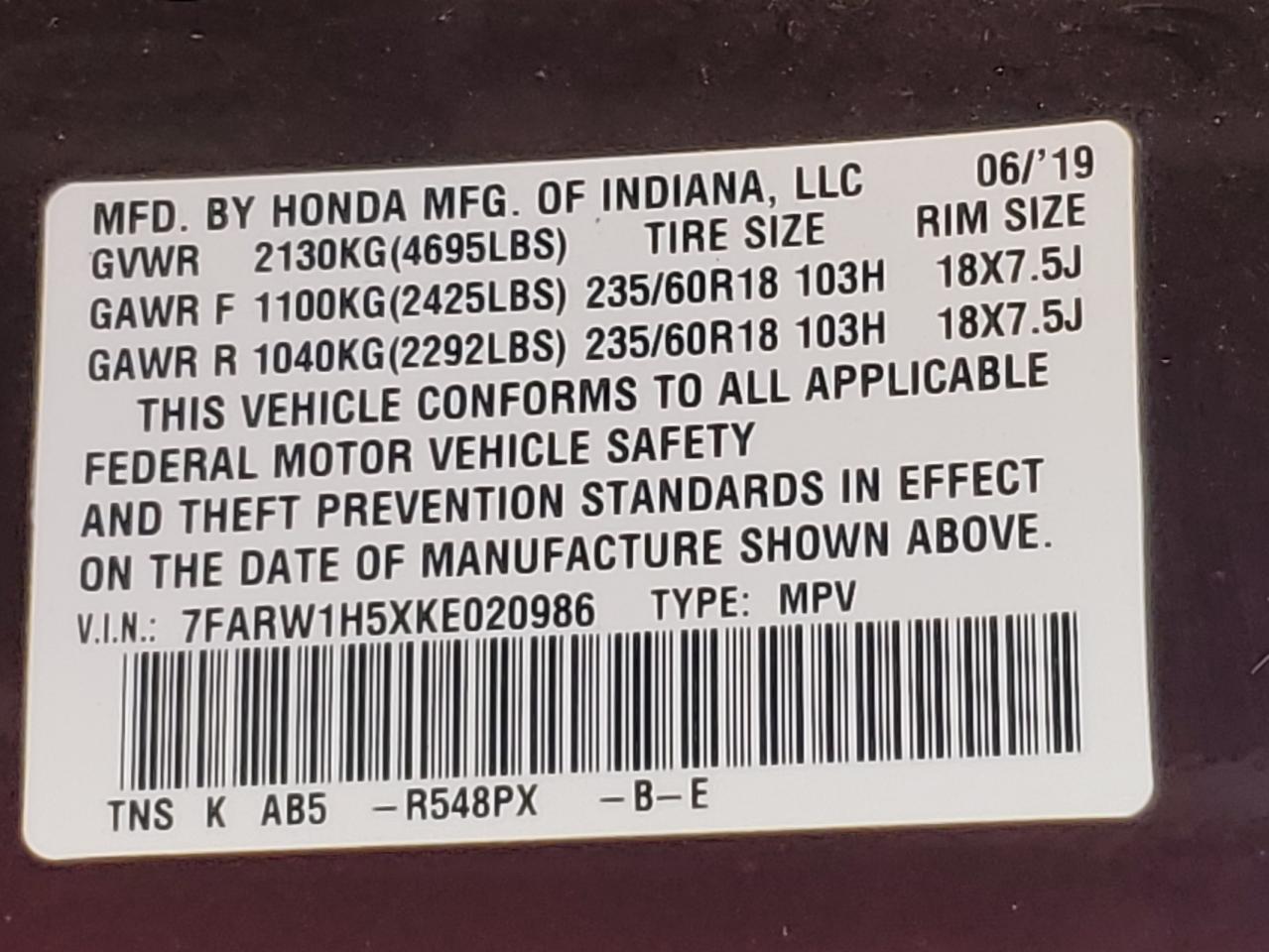 2019 Honda Cr-V Ex VIN: 7FARW1H5XKE020986 Lot: 71870555