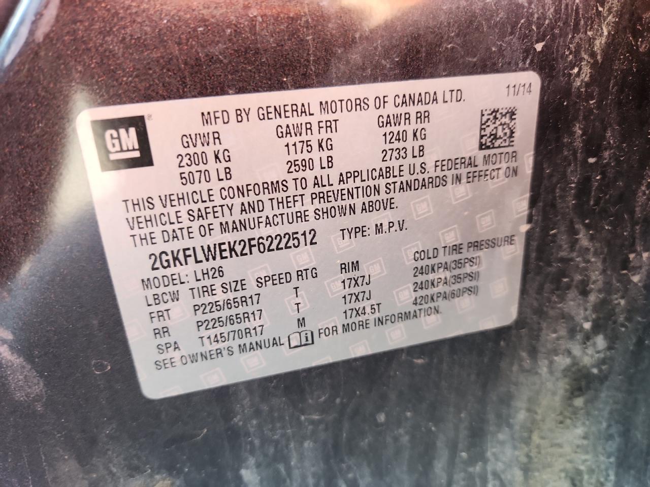 2015 GMC Terrain Sle VIN: 2GKFLWEK2F6222512 Lot: 70448635