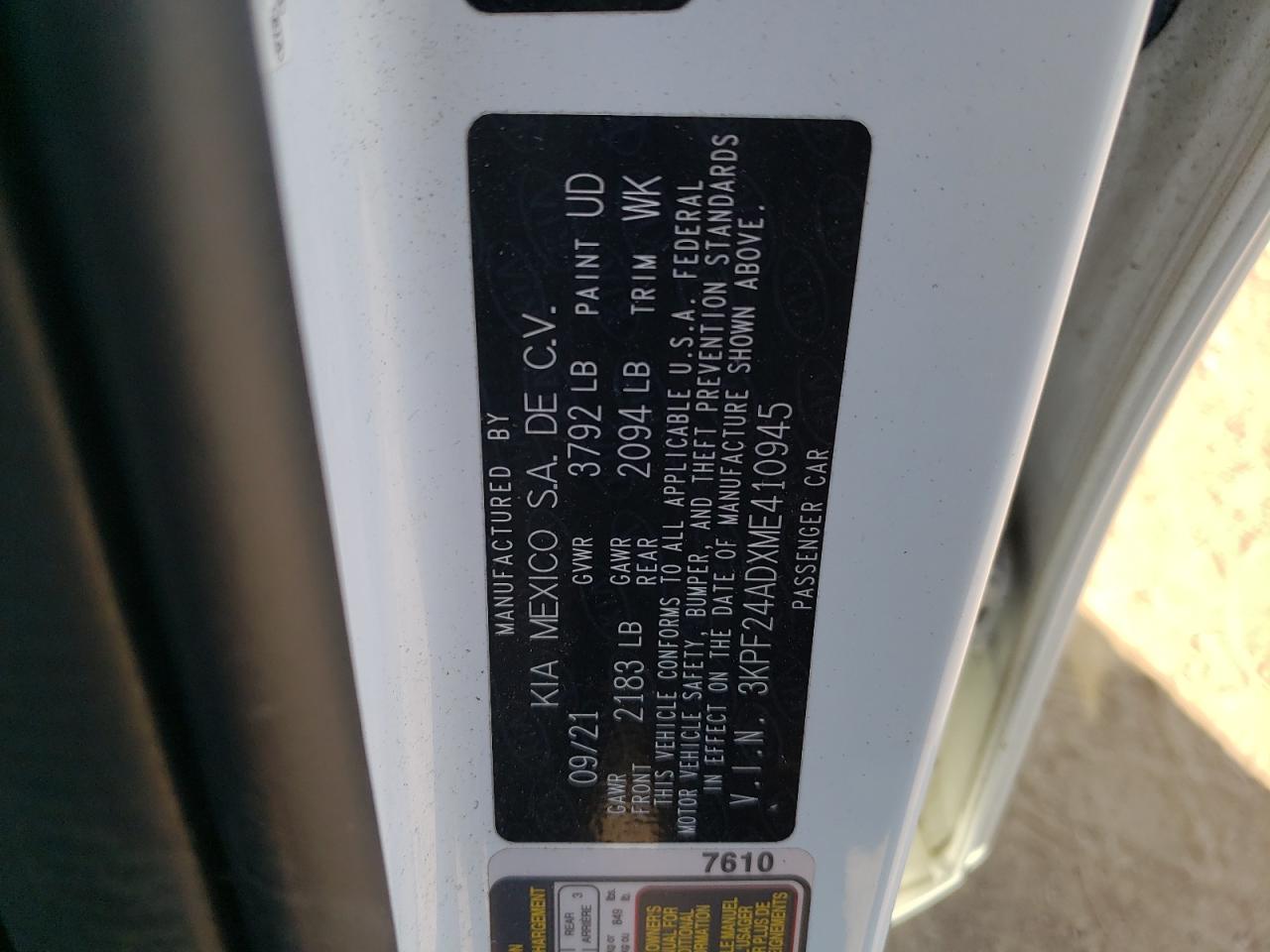 2021 Kia Forte Fe VIN: 3KPF24ADXME410945 Lot: 80430705