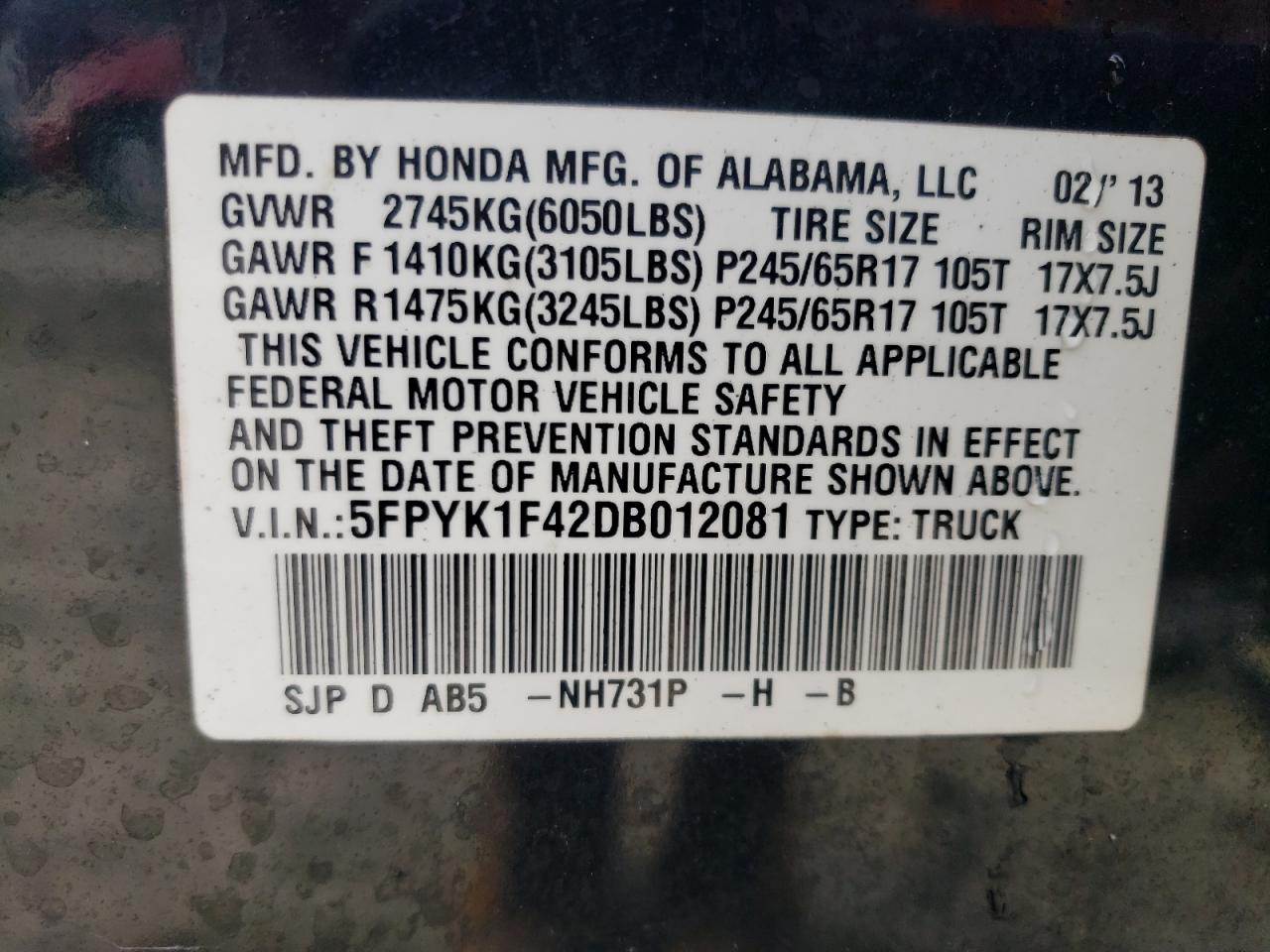 2013 Honda Ridgeline Rts VIN: 5FPYK1F42DB012081 Lot: 84266185